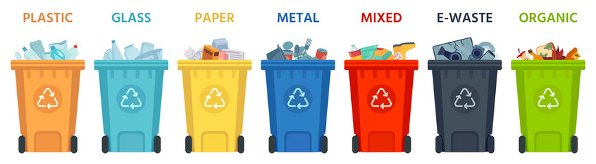 Colorful Recycling bins with labels